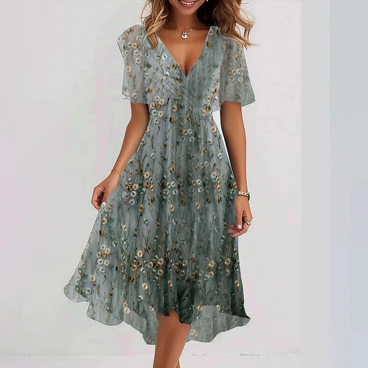 Elegant Floral Summer Dress – Lightweight Chiffon, V-Neck, Boho-Chic Look