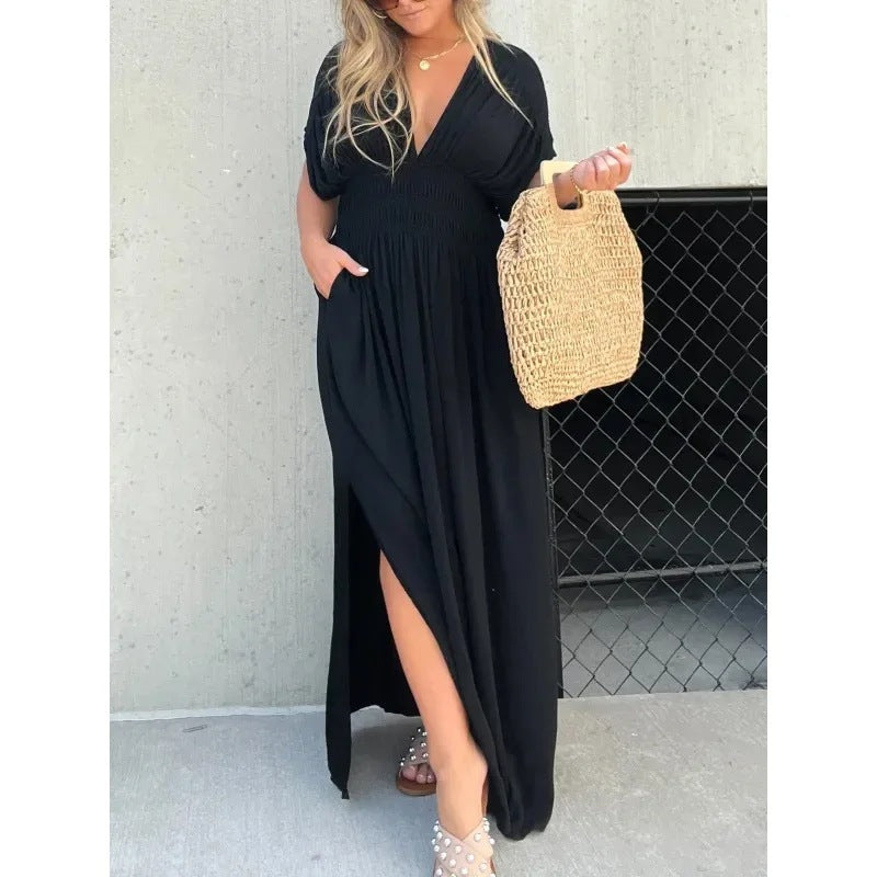 Summer V-Neck Slit Maxi Dress – Flowy Bat Sleeve Style