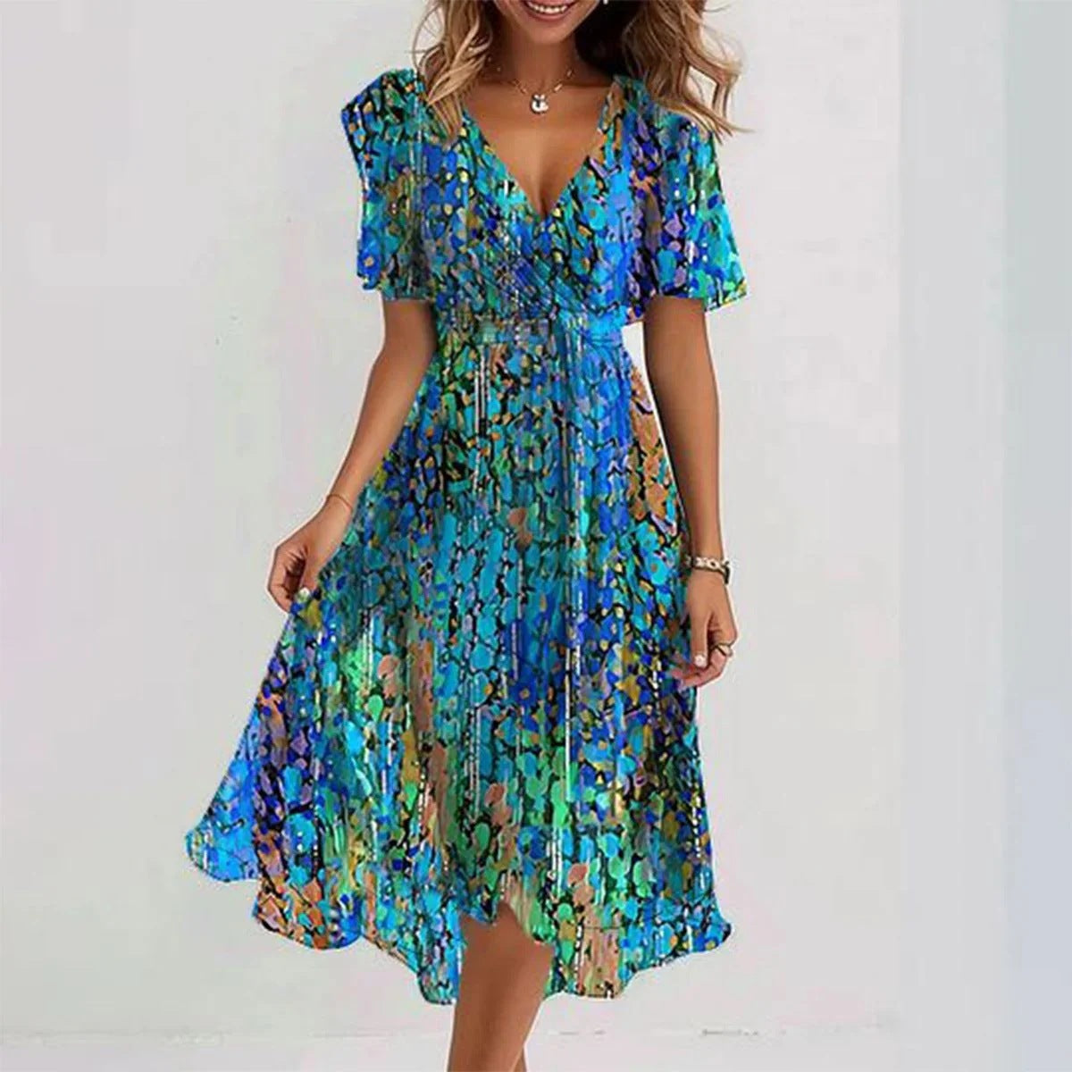 Elegant Floral Summer Dress – Lightweight Chiffon, V-Neck, Boho-Chic Look