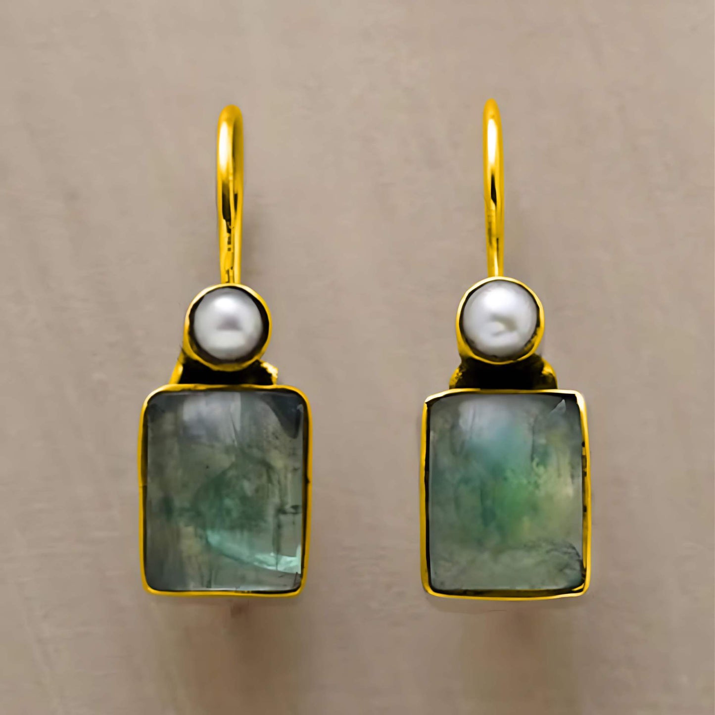 Square Green Stone and Pearl Stud Earrings