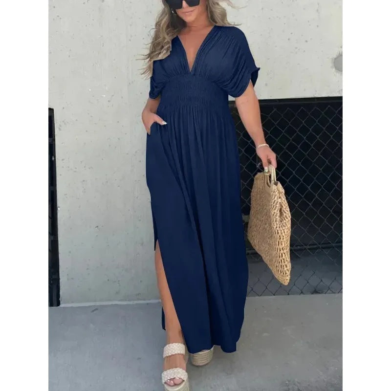 Summer V-Neck Slit Maxi Dress – Flowy Bat Sleeve Style