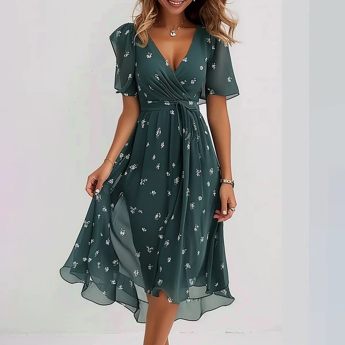 Elegant Floral Summer Dress – Lightweight Chiffon, V-Neck, Boho-Chic Look
