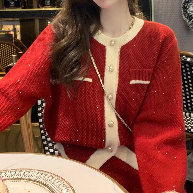 New Year Red Sweater Cardigan Knitted Overskirt Two-piece Set
