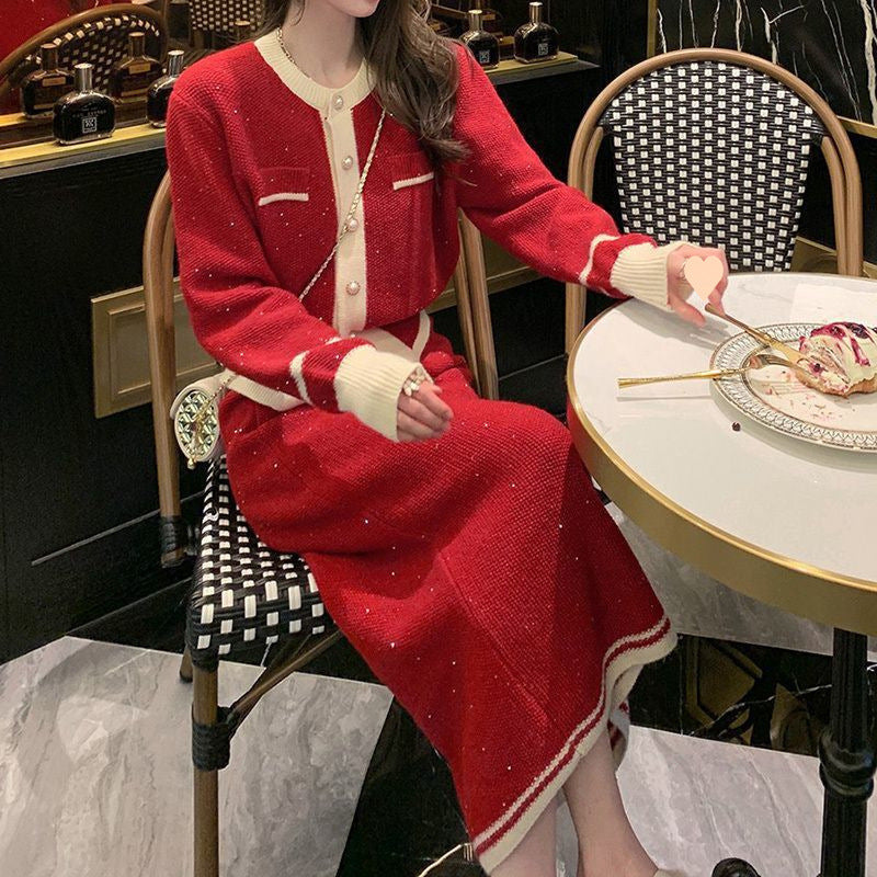 New Year Red Sweater Cardigan Knitted Overskirt Two-piece Set
