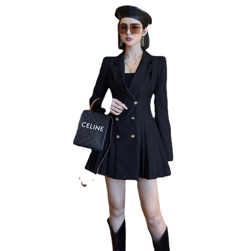 Double-Breasted Long Sleeve Pleated Dress