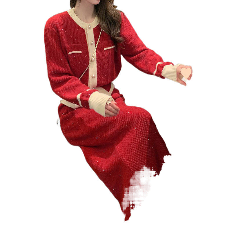 New Year Red Sweater Cardigan Knitted Overskirt Two-piece Set