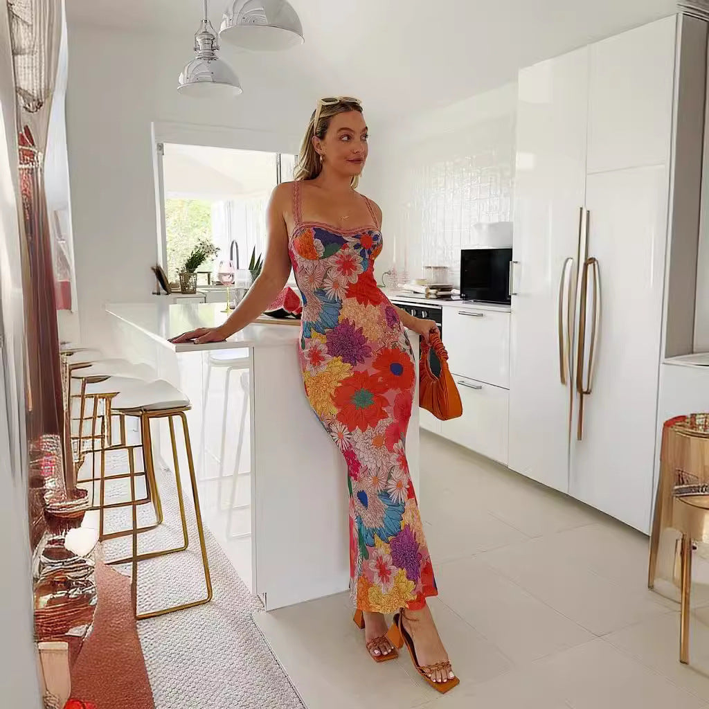 Fashion Casual Off-Shoulder Floral Print Slip Dress