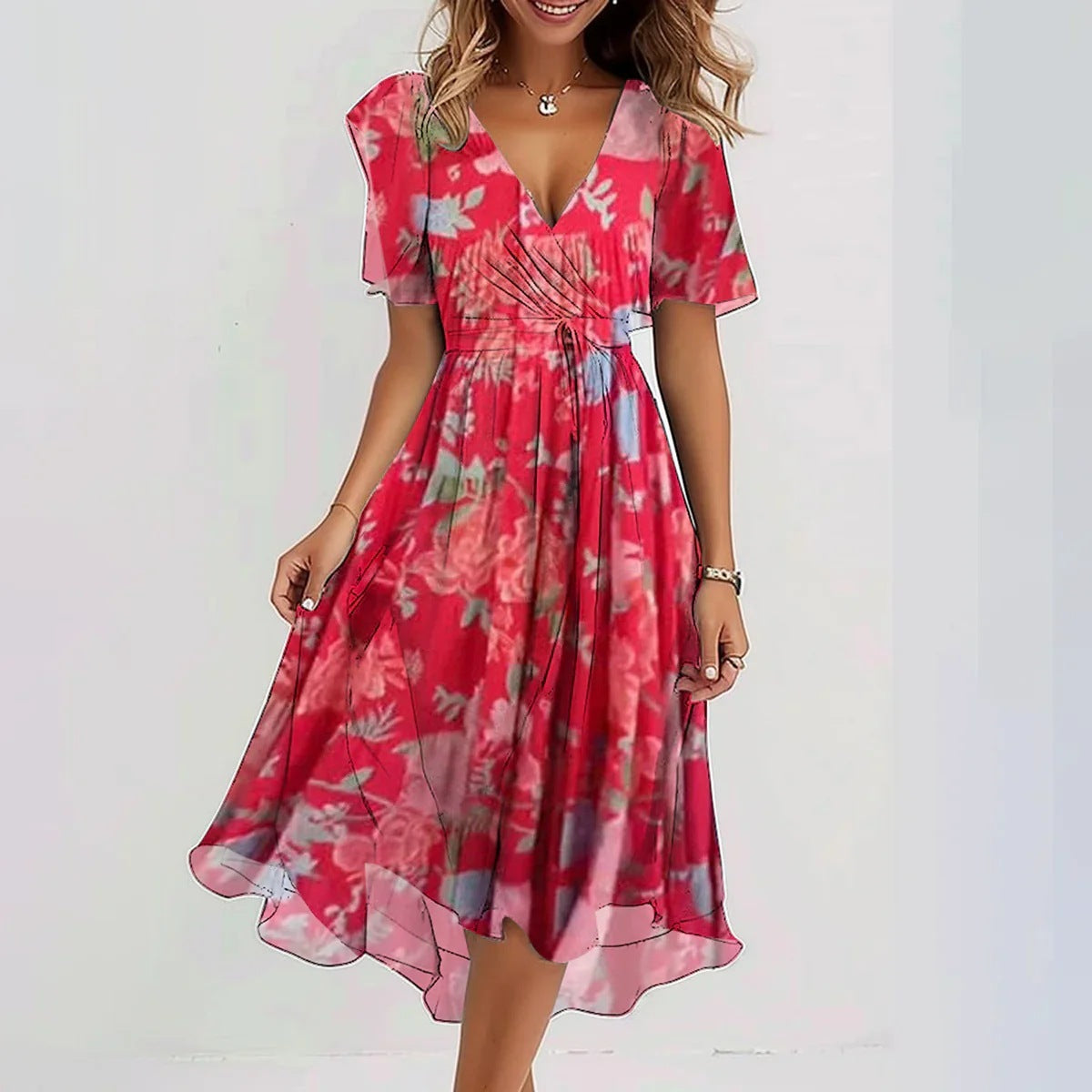 Elegant Floral Summer Dress – Lightweight Chiffon, V-Neck, Boho-Chic Look