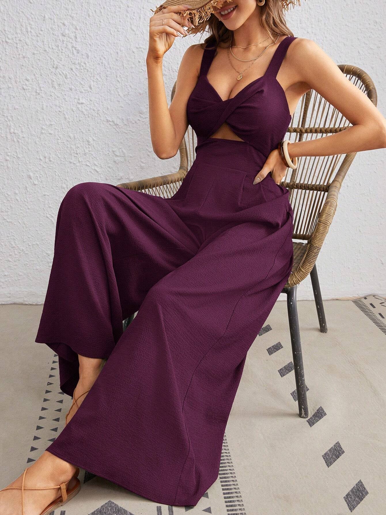 Women's Solid Color Loose Summer Beach Jumpsuit with Spaghetti Straps