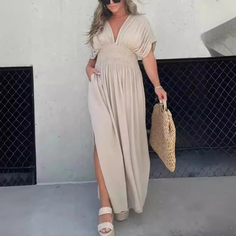 Summer V-Neck Slit Maxi Dress – Flowy Bat Sleeve Style