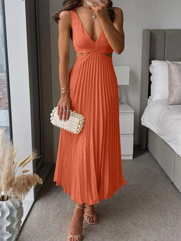 Elegant Pleated Suspender Dress – Backless V-Neck Summer Outfit