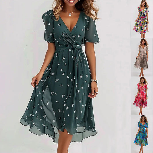 Elegant Floral Summer Dress – Lightweight Chiffon, V-Neck, Boho-Chic Look