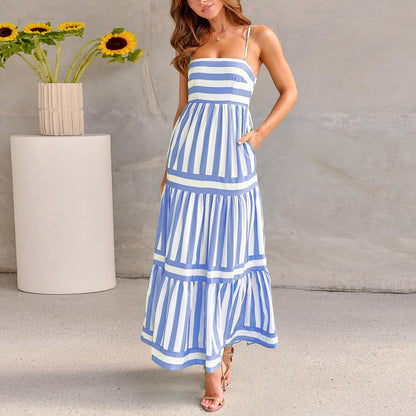 Striped Summer Maxi Dress with Pockets – Casual Beach Style