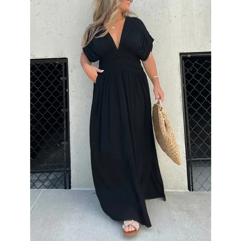 Summer V-Neck Slit Maxi Dress – Flowy Bat Sleeve Style