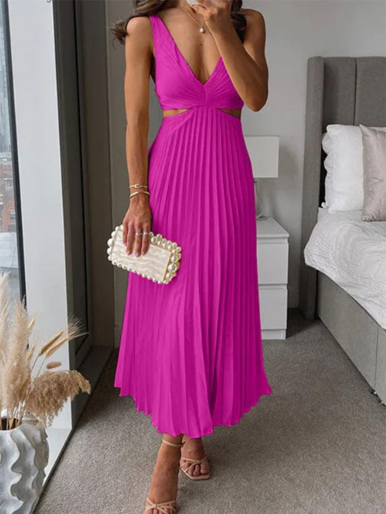 Elegant Pleated Suspender Dress – Backless V-Neck Summer Outfit