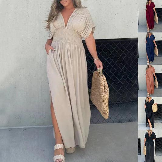 Summer V-Neck Slit Maxi Dress – Flowy Bat Sleeve Style