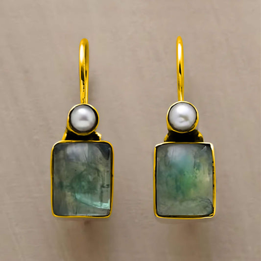 Square Green Stone and Pearl Stud Earrings