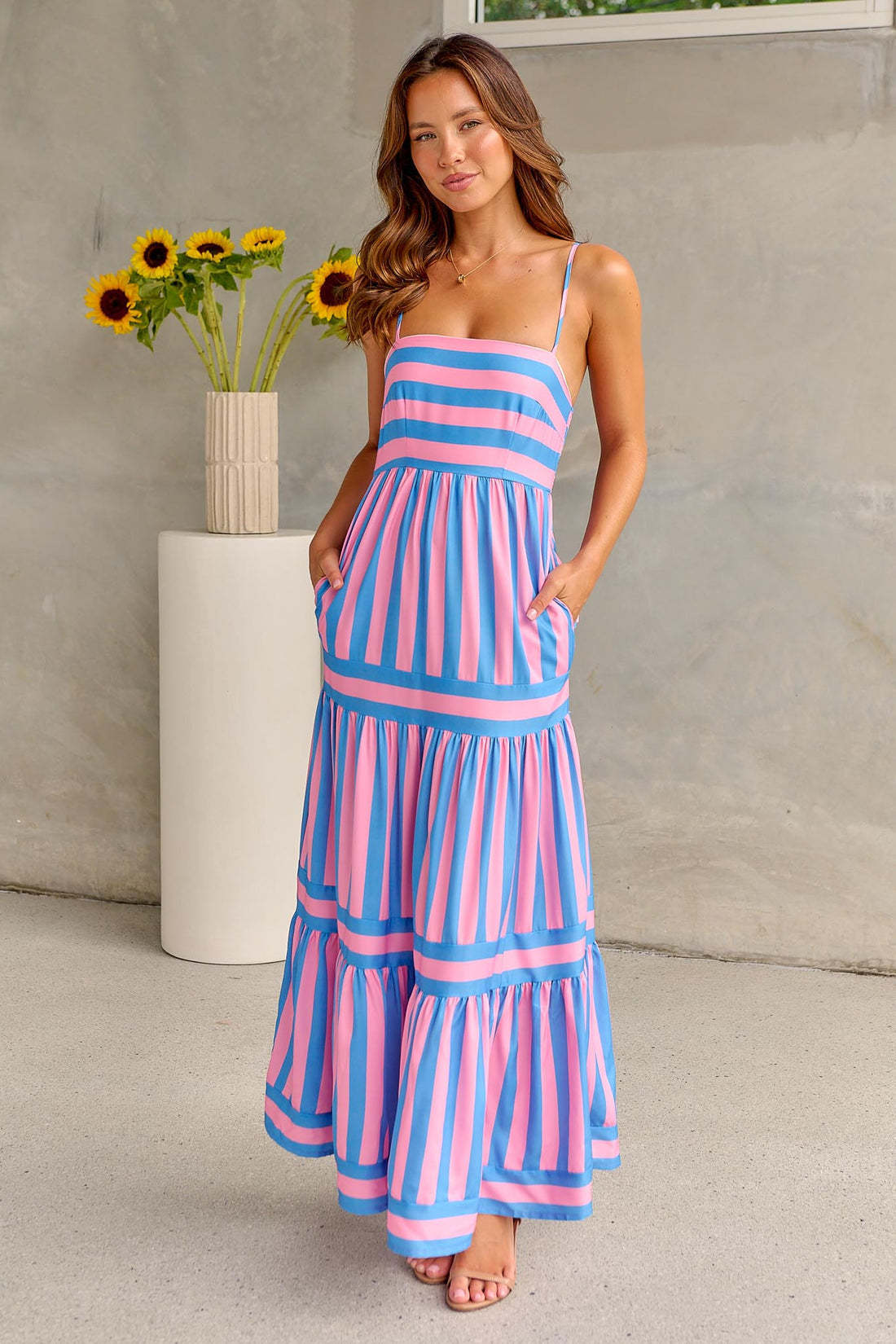 Striped Summer Maxi Dress with Pockets – Casual Beach Style
