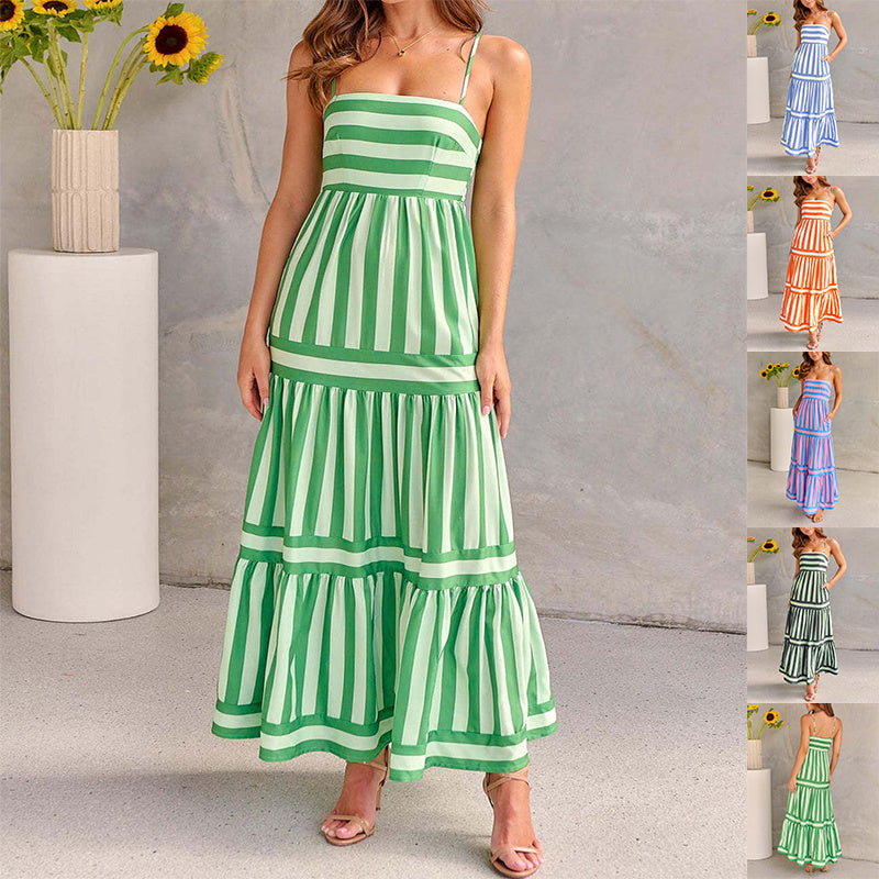 Striped Summer Maxi Dress with Pockets – Casual Beach Style