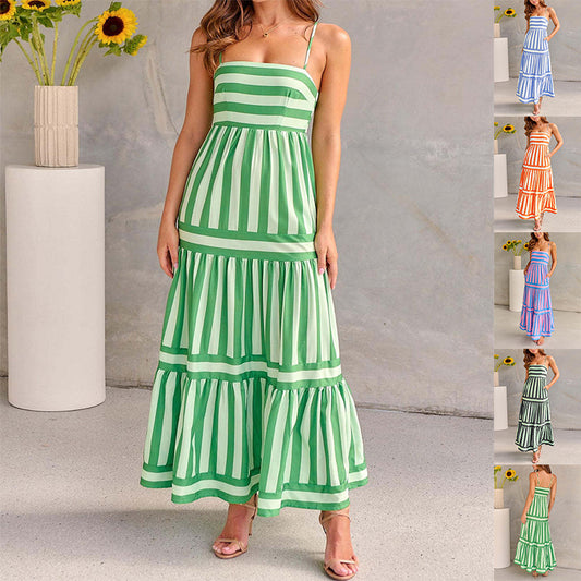 Striped Summer Maxi Dress with Pockets – Casual Beach Style