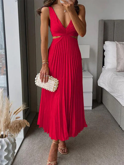 Elegant Pleated Suspender Dress – Backless V-Neck Summer Outfit