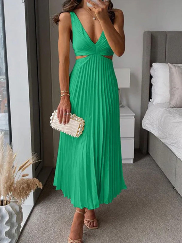 Elegant Pleated Suspender Dress – Backless V-Neck Summer Outfit