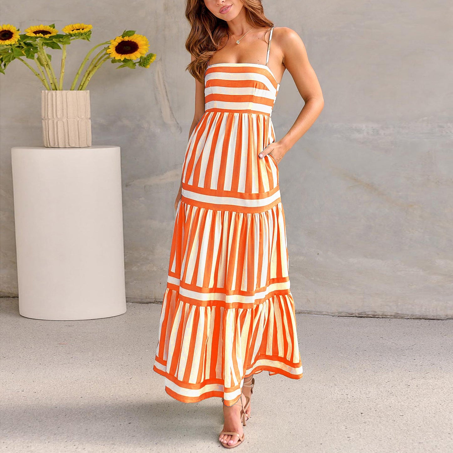 Striped Summer Maxi Dress with Pockets – Casual Beach Style
