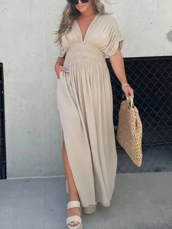 Summer V-Neck Slit Maxi Dress – Flowy Bat Sleeve Style