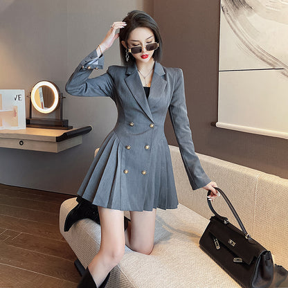 Double-Breasted Long Sleeve Pleated Dress