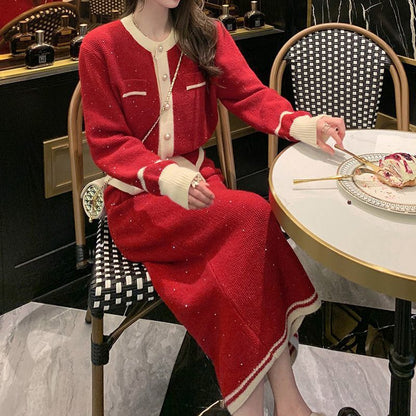 New Year Red Sweater Cardigan Knitted Overskirt Two-piece Set