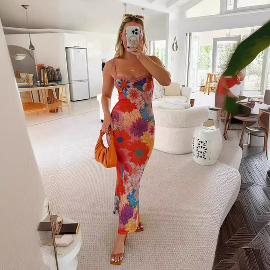 Fashion Casual Off-Shoulder Floral Print Slip Dress