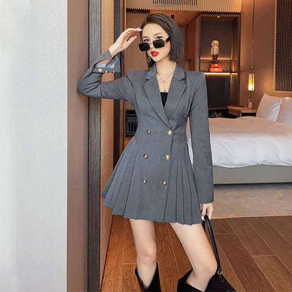 Double-Breasted Long Sleeve Pleated Dress