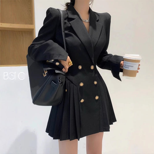 Double-Breasted Long Sleeve Pleated Dress