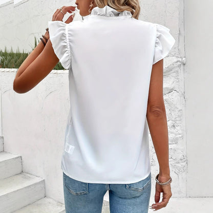 Women's Solid Color V-Neck Ruffled Lace Top with Flutter Sleeves