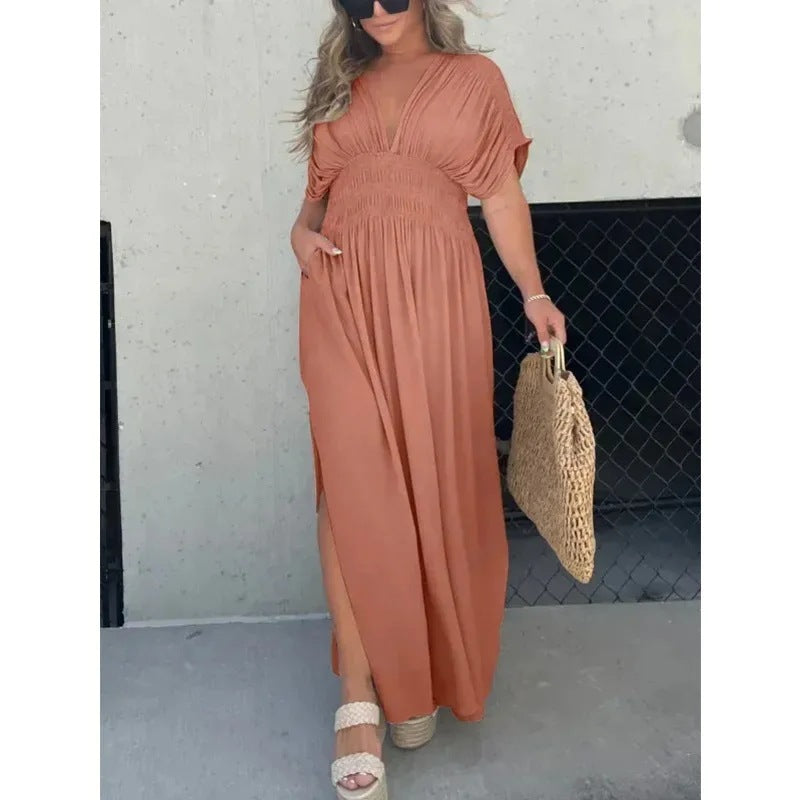 Summer V-Neck Slit Maxi Dress – Flowy Bat Sleeve Style
