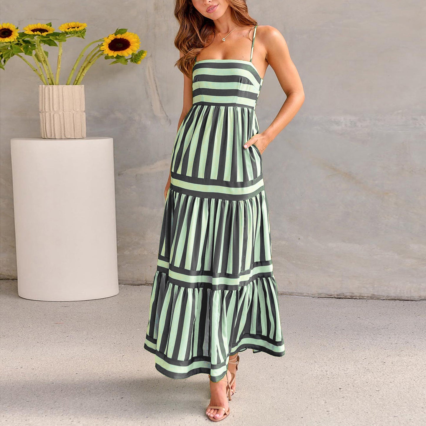 Striped Summer Maxi Dress with Pockets – Casual Beach Style