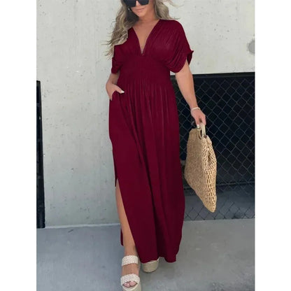 Summer V-Neck Slit Maxi Dress – Flowy Bat Sleeve Style