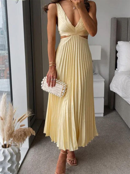 Elegant Pleated Suspender Dress – Backless V-Neck Summer Outfit