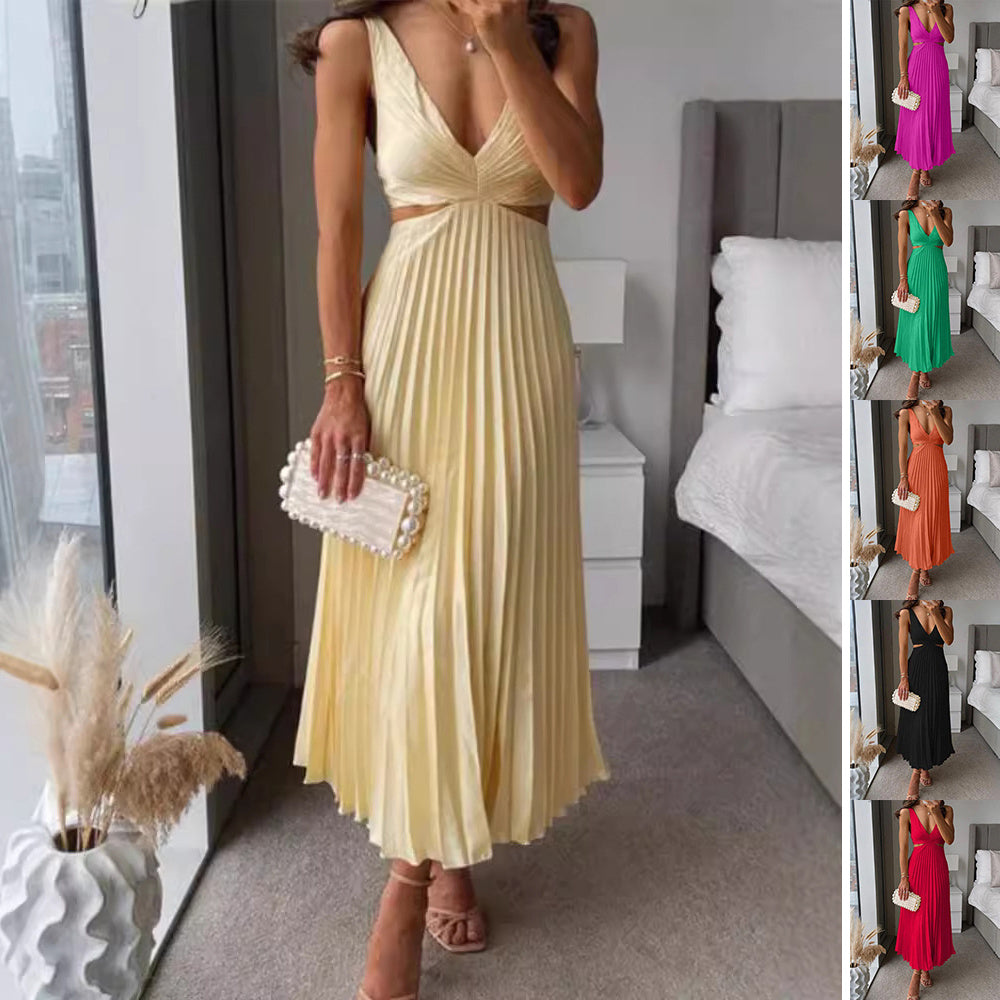 Elegant Pleated Suspender Dress – Backless V-Neck Summer Outfit