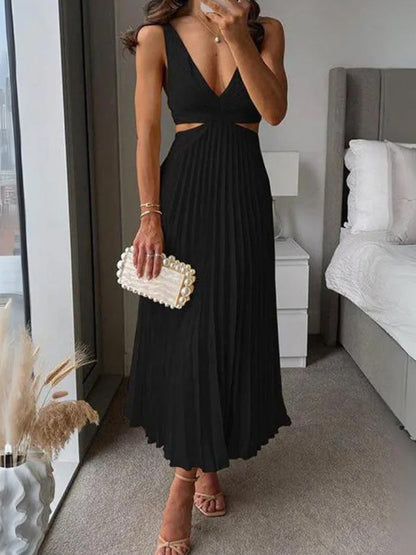 Elegant Pleated Suspender Dress – Backless V-Neck Summer Outfit