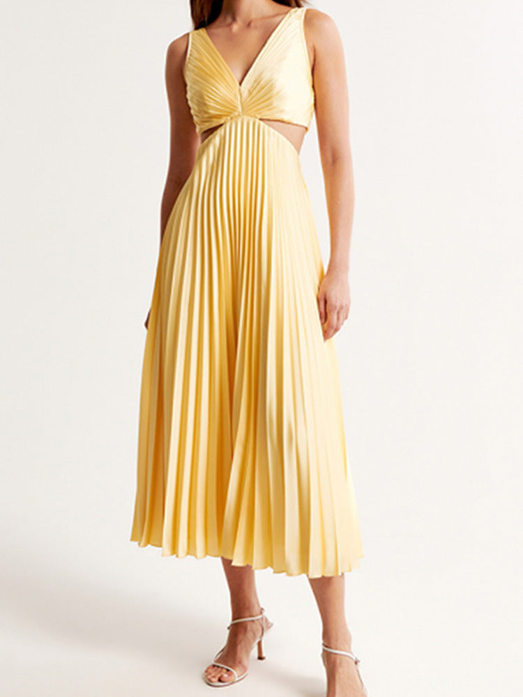 Elegant Pleated Suspender Dress – Backless V-Neck Summer Outfit