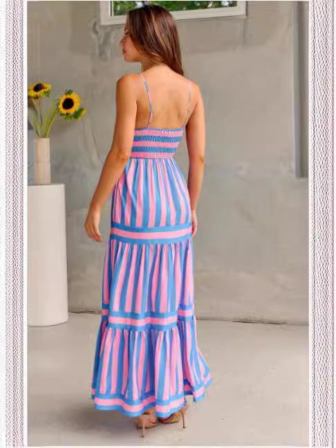Striped Summer Maxi Dress with Pockets – Casual Beach Style