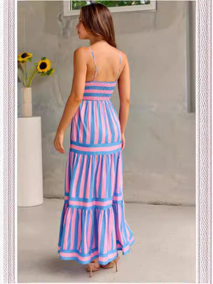 Striped Summer Maxi Dress with Pockets – Casual Beach Style